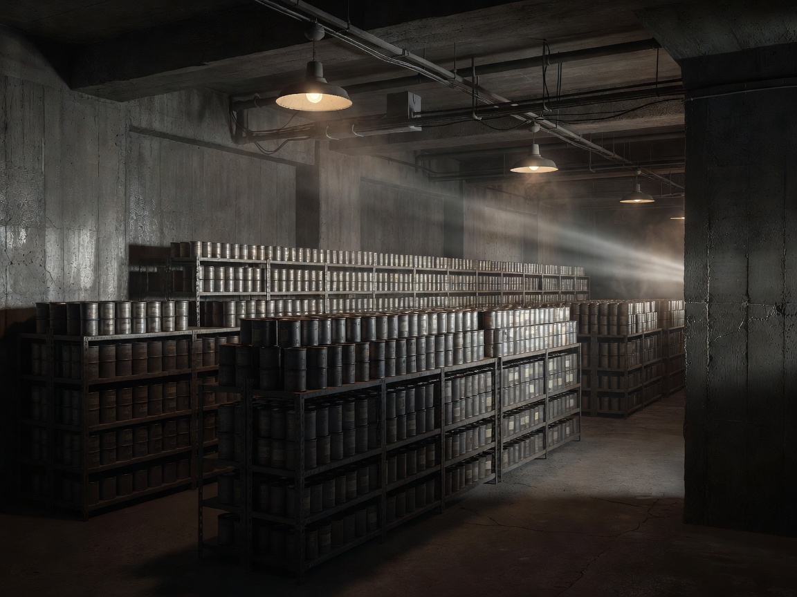 Atmospheric industrial lighting in concrete film vault representing Das Boot